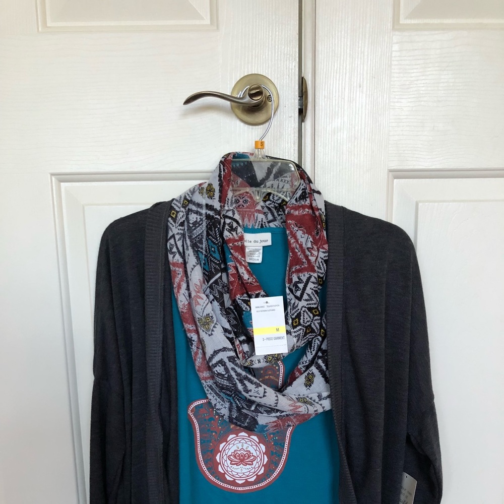 3 piece garment: scarf, sleeveless shirt , sweater